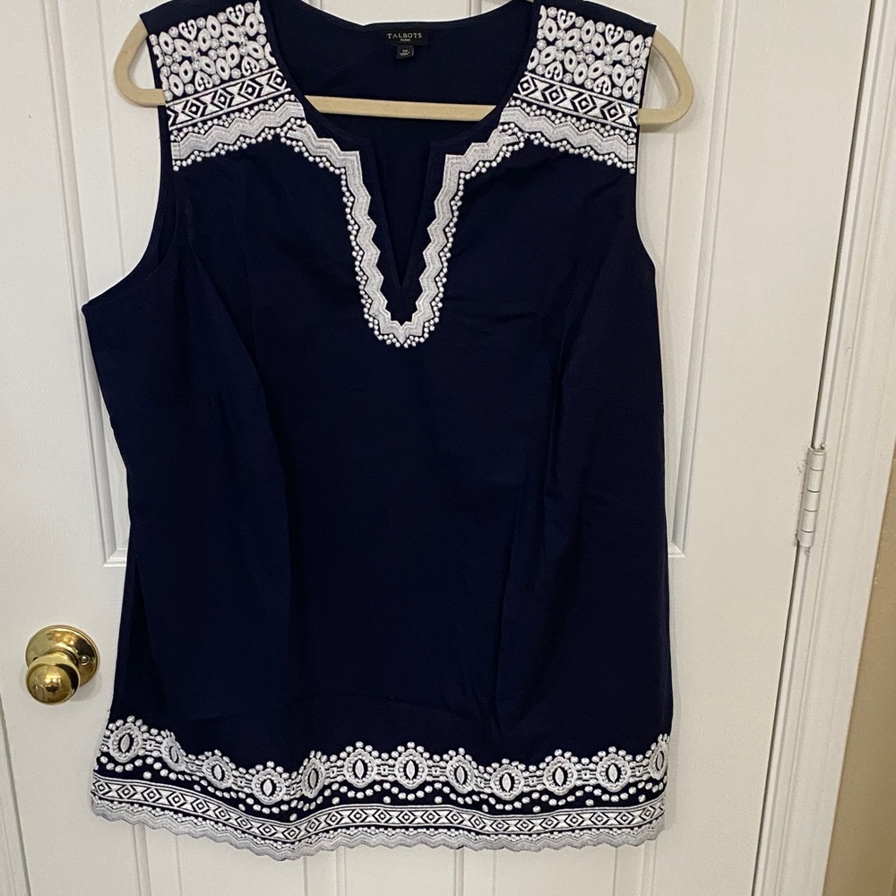 Talbots Cotton Navy Blouse with White Embroidery Size 1X